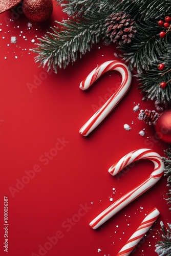 Holiday season setup with candy canes beside a decorated Christmas tree in so...