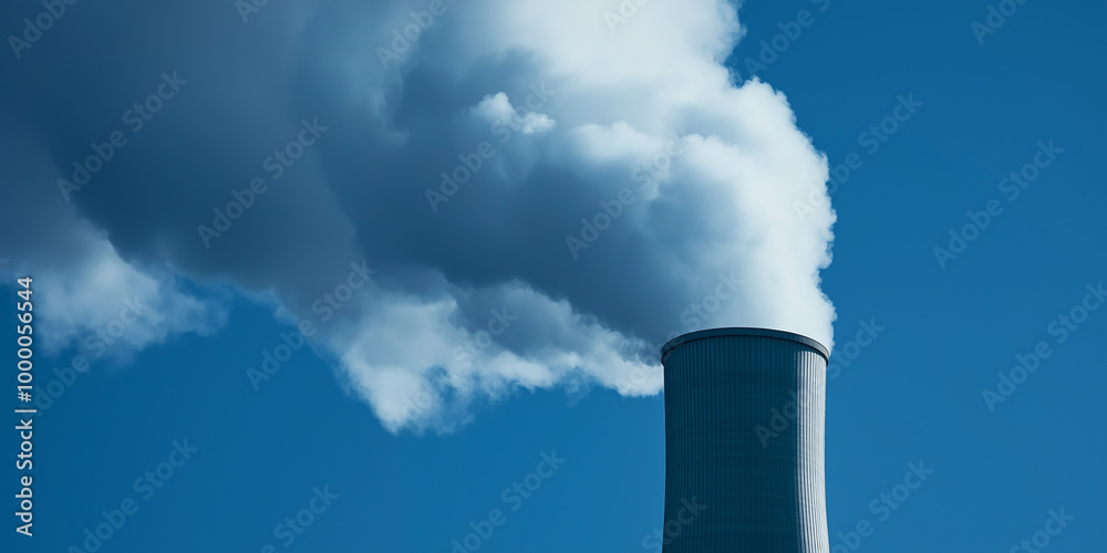Close-up of nuclear power plant cooling tower with white steam against clear blue sky, perfect for energy, industrial, and environmental concepts and discussions Close-up of nuclear power plant cooling tower with white steam against clear blue sky, perfect for energy, industrial, and environmental concepts and discussions