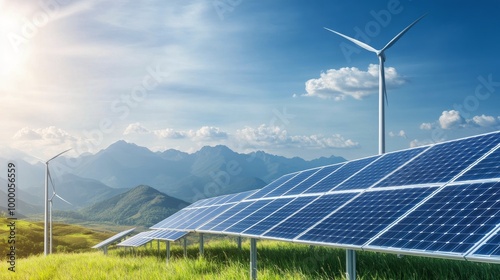 Renewable energy landscape featuring solar panels and wind turbines in a gree...