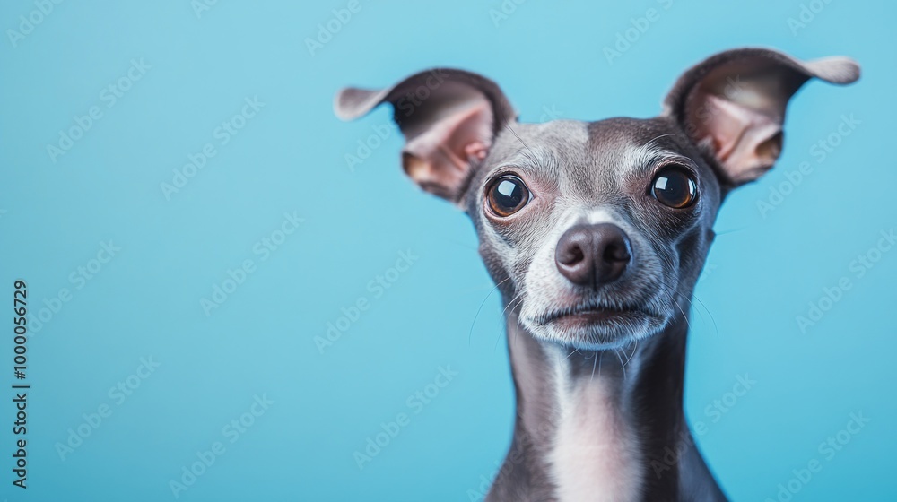 A close-up of a grey dog with expressive eyes against a blue background.