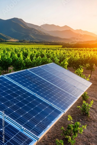 Solar panels installed in vineyard under sunset mountains in a rural landscape