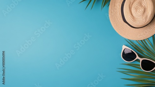 Stylish summer accessories on a vibrant blue background with tropical leaves