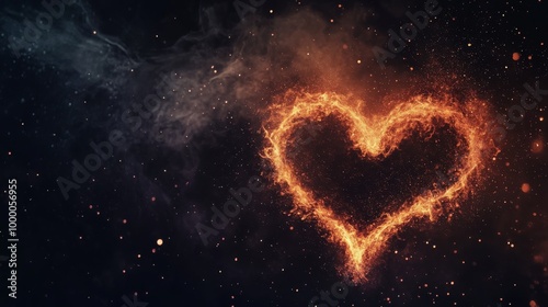 Flames forming a heart shape amidst swirling smoke in a vibrant display of lo...