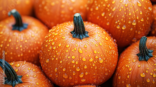 Top view of Fresh orange pumpkins with water droplets. Generative AI photo