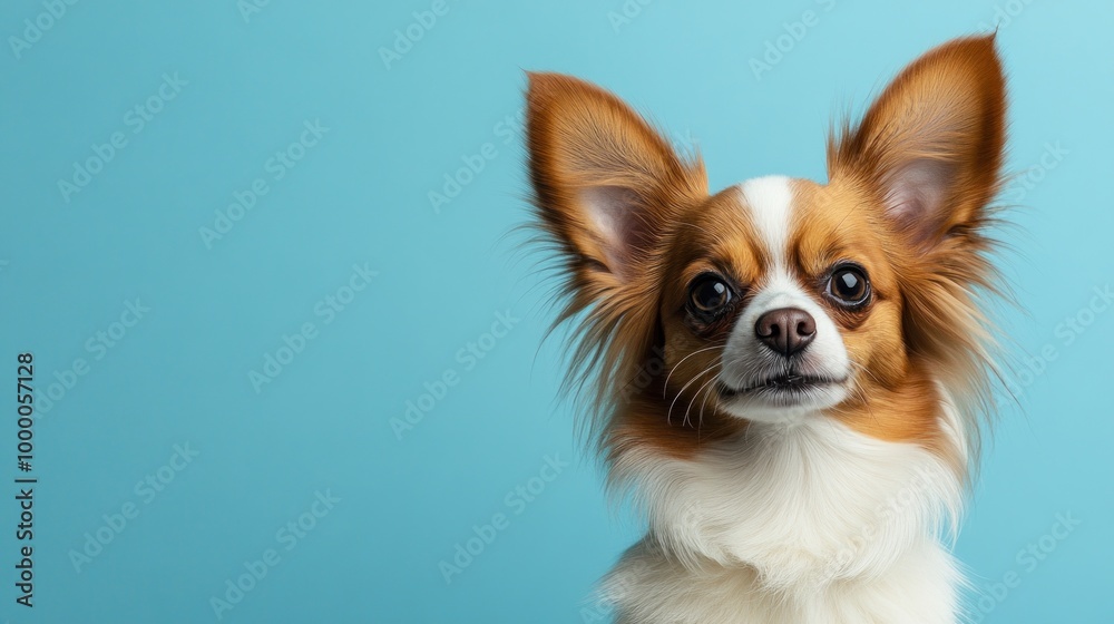 A close-up of a Chihuahua with large ears against a light blue background. A close-up of a Chihuahua with large ears against a light blue background.