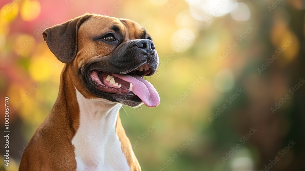 A happy dog with a joyful expression in a colorful outdoor setting. A happy dog with a joyful expression in a colorful outdoor setting.
