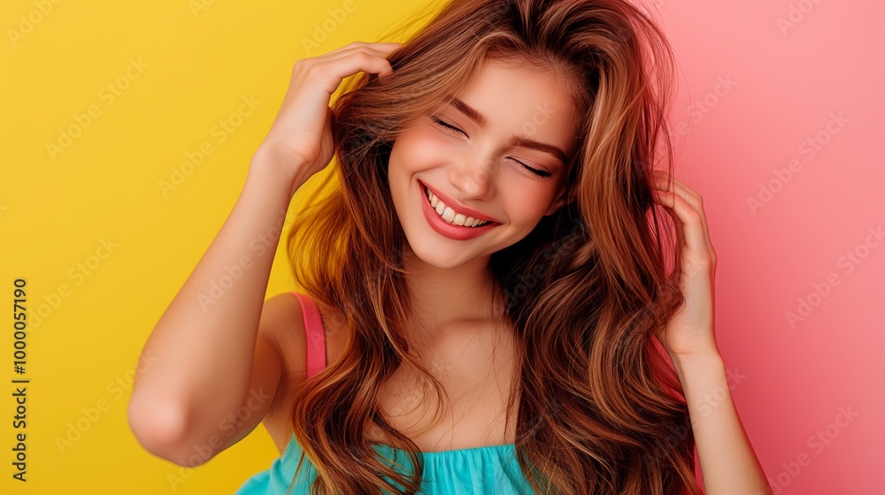 Obraz premium Happy young woman with long hair smiling and touching her head against a colorful background. Vibrant and joyful moment captured.
