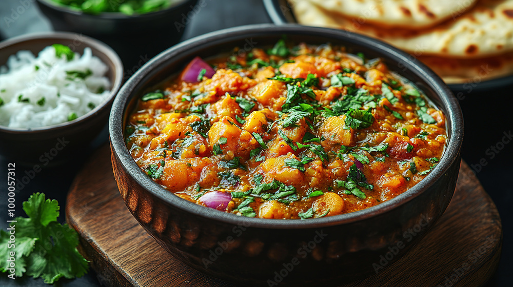 Top view of Traditional Indian Meal with Baingan Bharta. Generative AI Top view of Traditional Indian Meal with Baingan Bharta. Generative AI