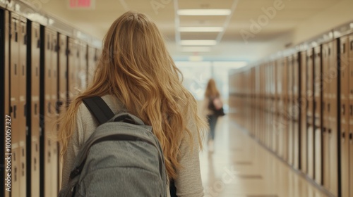 A student walks down a school hallway with lockers during the school day in b...