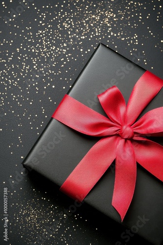 A vibrant red ribbon bow placed on a textured dark surface for gift wrapping ...