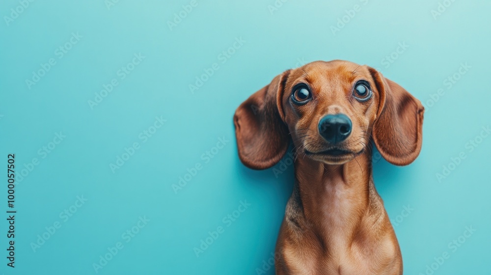 A close-up of a curious dachshund against a turquoise background. A close-up of a curious dachshund against a turquoise background.