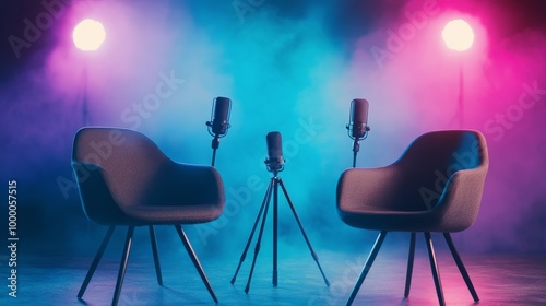 Two modern chairs and a microphone set up for a podcast recording in neon lig...