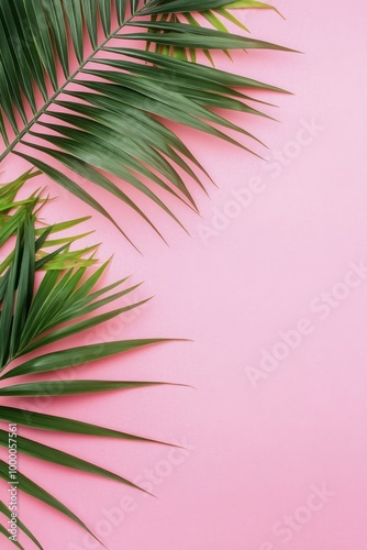 Green palm leaves frame a bright pink background in a vibrant tropical setting