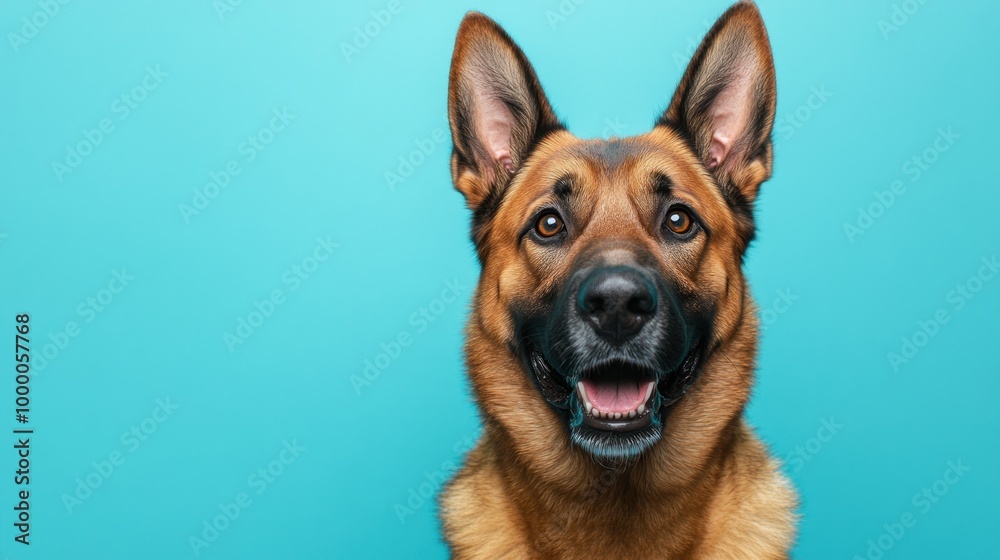 A close-up of a happy German Shepherd dog against a bright blue background. A close-up of a happy German Shepherd dog against a bright blue background.