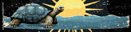 Vintage-style illustration of a tortoise slowly walking on a path under a rising sun, with a textured design highlighting nature and movement