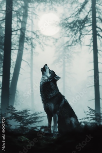 A lone wolf howling in a snowy forest during a winter evening at dusk