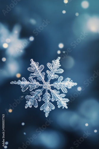 Delicate snowflake glistening against a dark background during a winter night