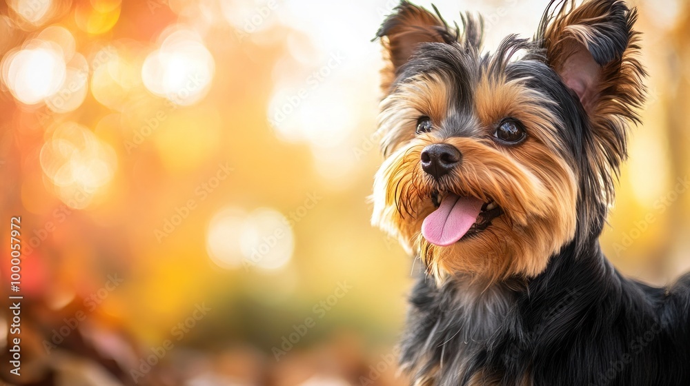 A close-up of a cheerful dog with a blurred autumn background. A close-up of a cheerful dog with a blurred autumn background.
