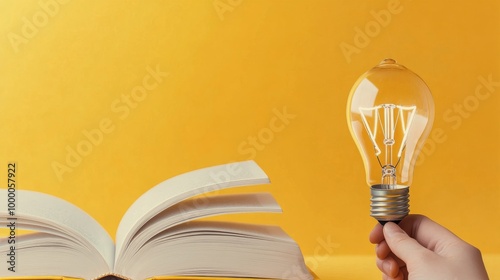 A floating light bulb above an open book against a vibrant yellow background