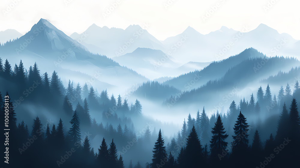 Obraz premium Realistic image of misty morning mountains and forest. generative ai. Misty Mountains. Illustration