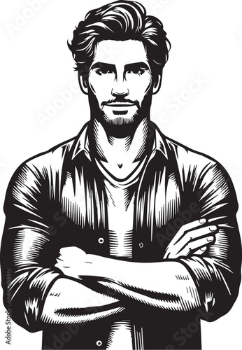 Caucasian handsome man keeping the arms crossed in frontal position vector illustration silhouette