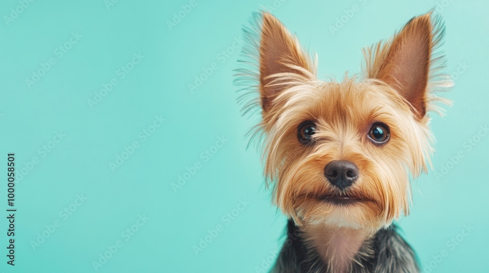 A close-up of a Yorkshire Terrier against a turquoise background. A close-up of a Yorkshire Terrier against a turquoise background.