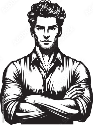 Caucasian handsome man keeping the arms crossed in frontal position vector illustration silhouette