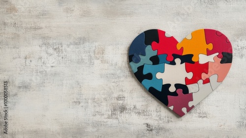 Colorful puzzle heart on a textured blue background with artistic elements an...