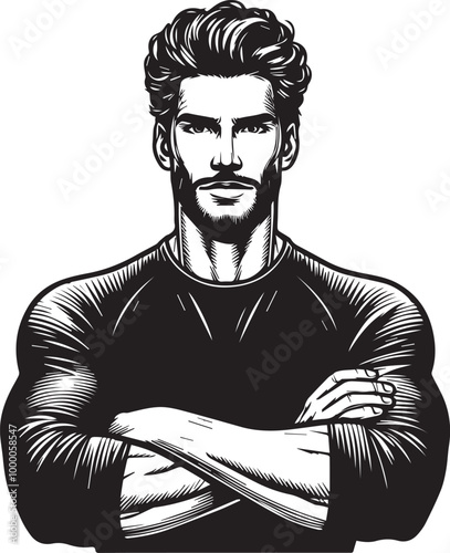 Caucasian handsome man keeping the arms crossed in frontal position vector illustration silhouette