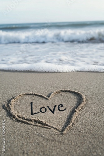 Heart-shaped love message carved in sand on a beach with waves gently lapping...