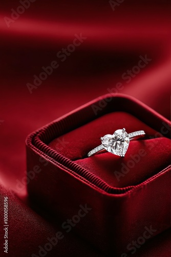 Elegant heart-shaped diamond ring displayed in a luxurious red velvet box