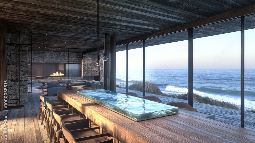 Obraz premium A modern coastal retreat, the glass box with its ocean scene resting on a wide wooden dining table, framed by large windows showcasing the real sea in the distance