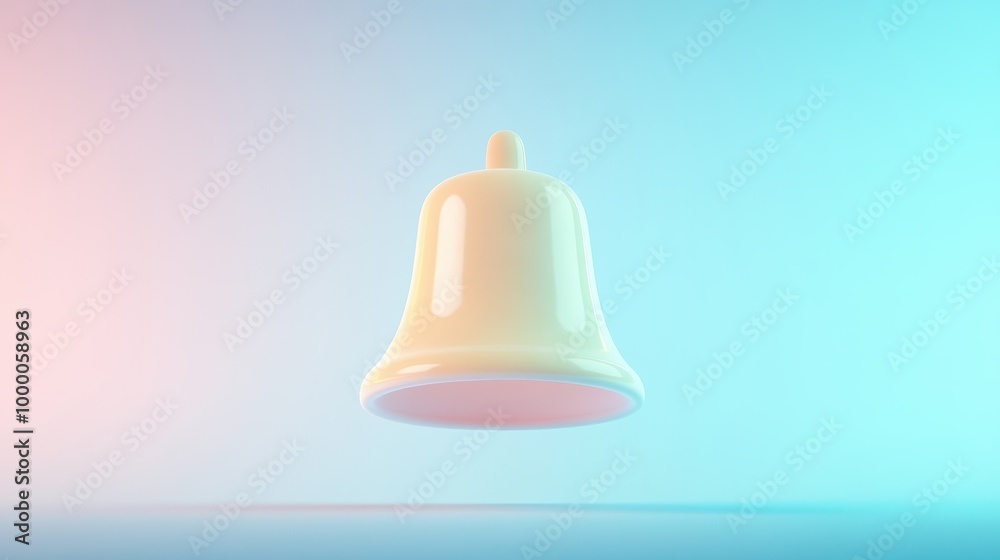 A bell is floating in the air with a pink and blue background
