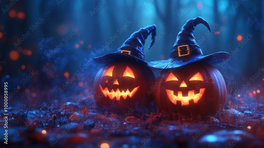 Naklejka premium Glowing Jack-o'-Lanterns with Witch Hats in a Spooky Halloween Forest