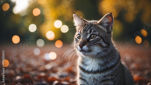 Cat with Blurred Autumn Forest Bokeh – World Animal Day