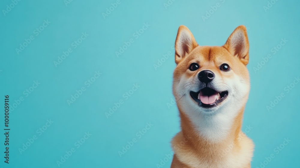 A cheerful Shiba Inu dog smiling against a vibrant blue background. A cheerful Shiba Inu dog smiling against a vibrant blue background.