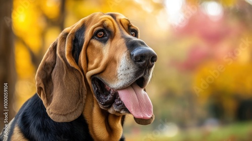 A close-up of a friendly dog with a joyful expression in a colorful autumn setting.