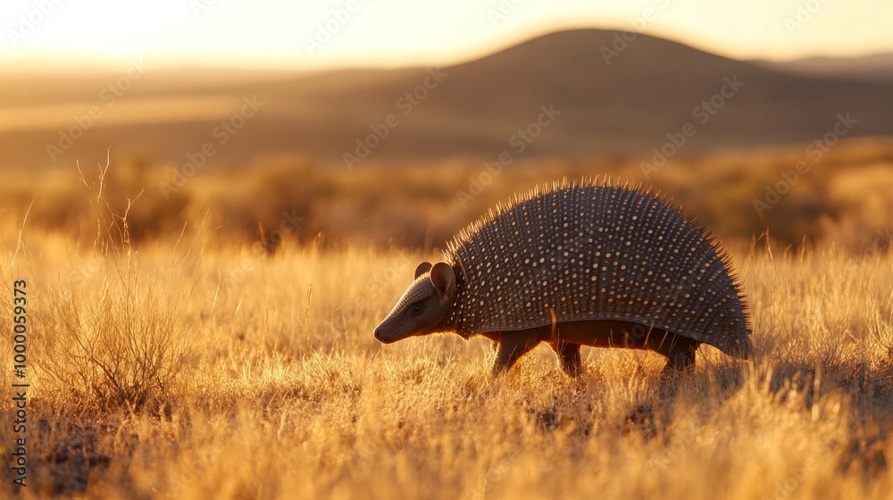 A solitary echidna walking through golden grassland at sunset. A solitary echidna walking through golden grassland at sunset.