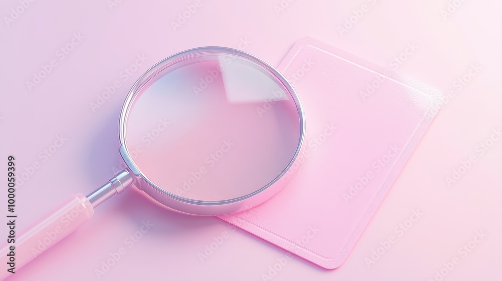 A pink magnifying glass is on top of a pink card A pink magnifying glass is on top of a pink card