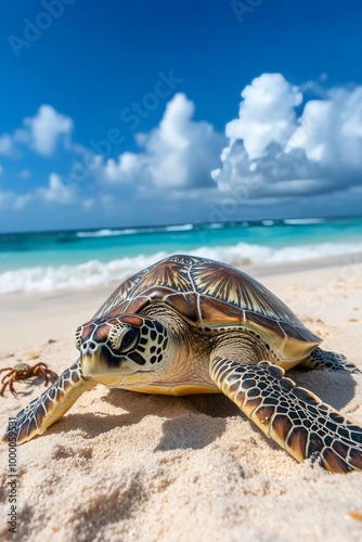 Sea turtle resting on sandy beach under bright blue sky with fluffy clouds