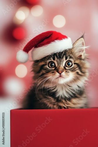 A playful kitten wearing a Santa hat poses on a red box in a festive setting