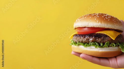 Delicious cheeseburger with fresh ingredients held against a yellow background