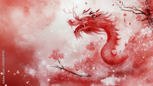 Colorful dragon artwork surrounded by floral decorations for a festive celebr...