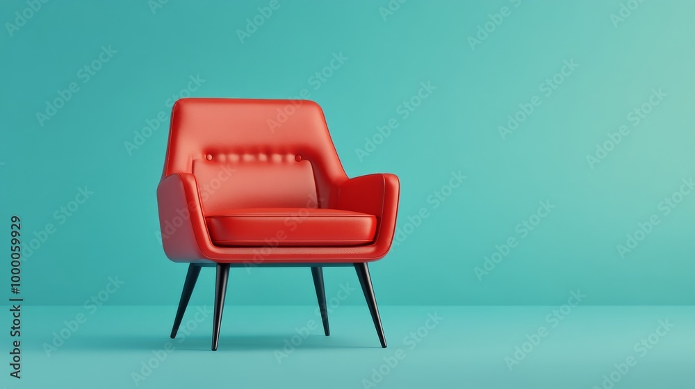 Red modern chair in front of a bright teal wall in a minimalist interior design setting Red modern chair in front of a bright teal wall in a minimalist interior design setting