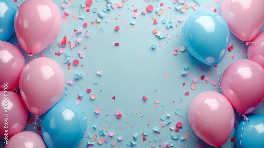 Pink and blue balloons and confetti background with copy space for festive gender reveal party or baby shower backdrop Pink and blue balloons and confetti background with copy space for festive gender reveal party or baby shower backdrop
