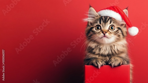 Cute kitten wearing a Santa hat peeking out of a red gift box against a festi...