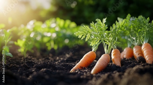Freshly harvested carrots stand tall in a flourishing urban garden during gol...