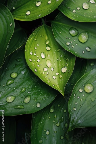 Fresh green leaves with water droplets glistening in the morning sunlight in ...