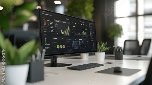 Workstation displaying stock market data with plants in a modern office setting