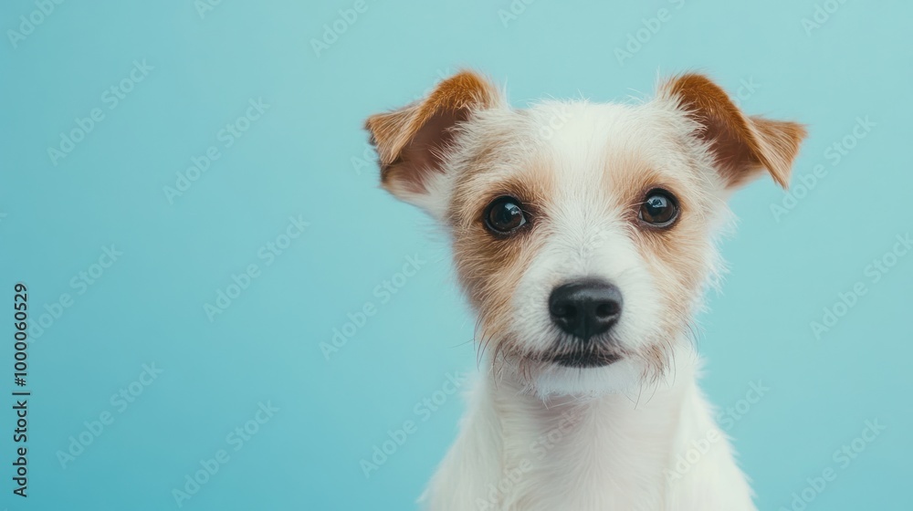 A close-up of a small, cute dog against a light blue background. A close-up of a small, cute dog against a light blue background.